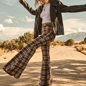 NWOT Free People Just Float On Dark Chocolate Combo Windowpane Flare Jeans